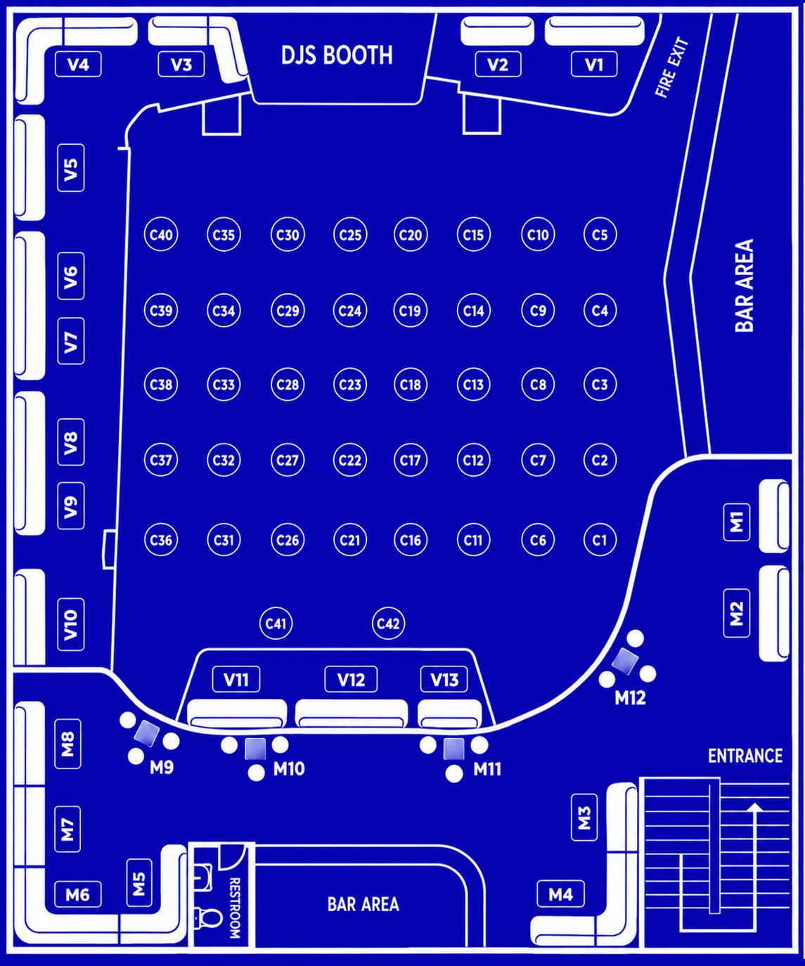 AREYOULOST? venue table map showing the DJ booth, bar areas, entrance, and tables V1 to V13, C1 to C42, and M1 to M12.